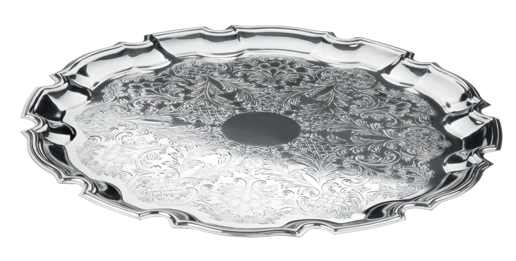 Queen Anne Medium Chippendale Tray 9 1/2"dia x 1/2"h English Silver Plate (Tarnish Resistant). SKU #: Q0/6181.