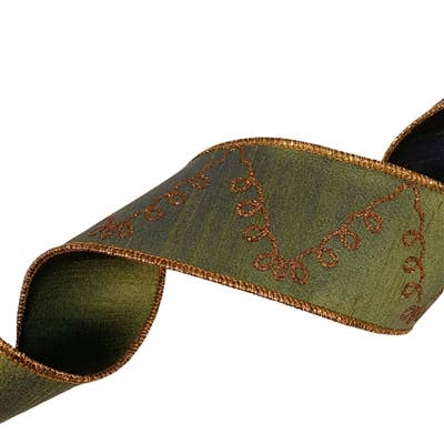GREEN FAUX DUPIONI WITH SWIRL COPPER TREE RIBBON 2.5"X10YD