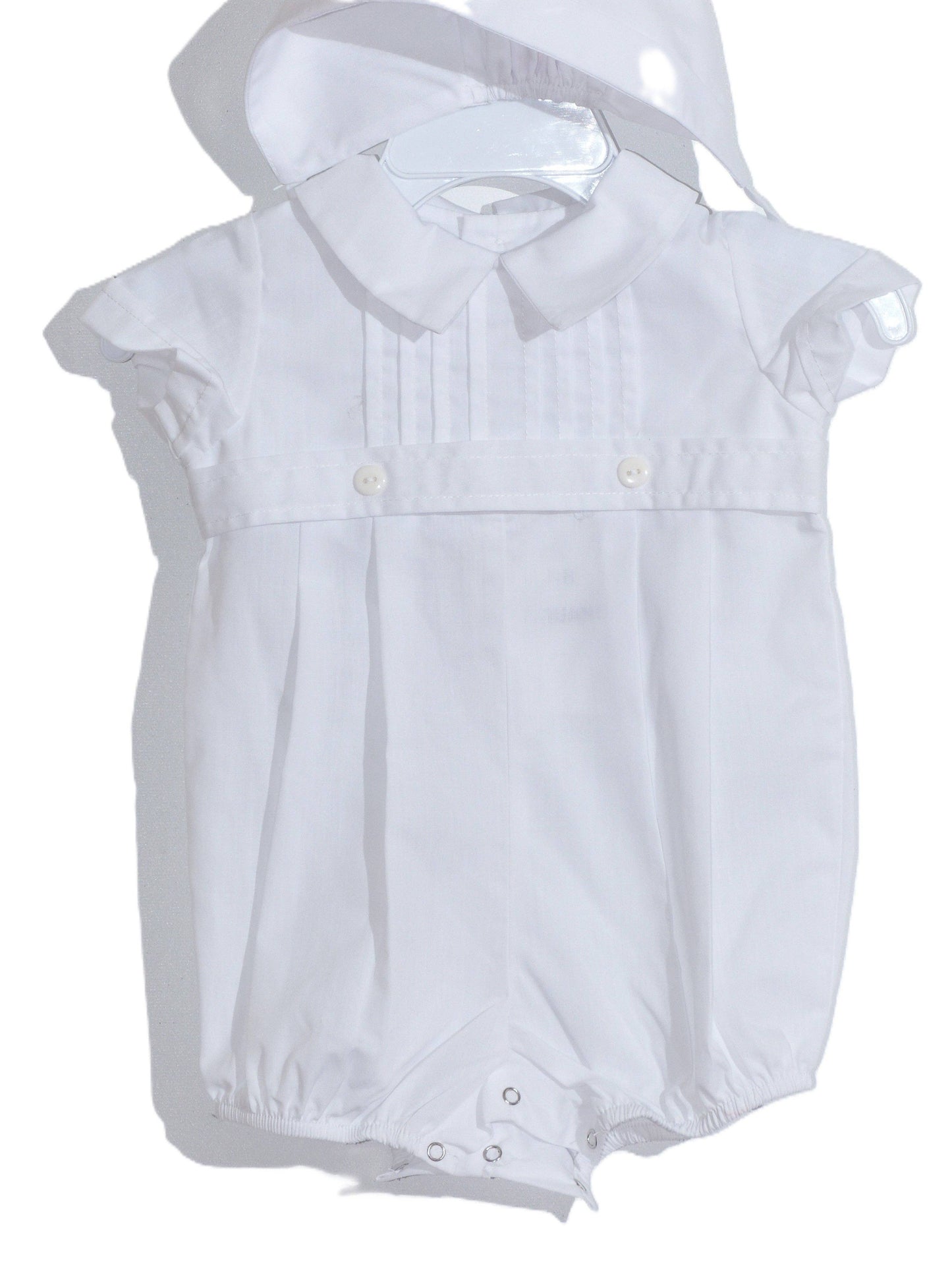 White Boy Pleated Bubble with Peter Pan Collar and Bonnet