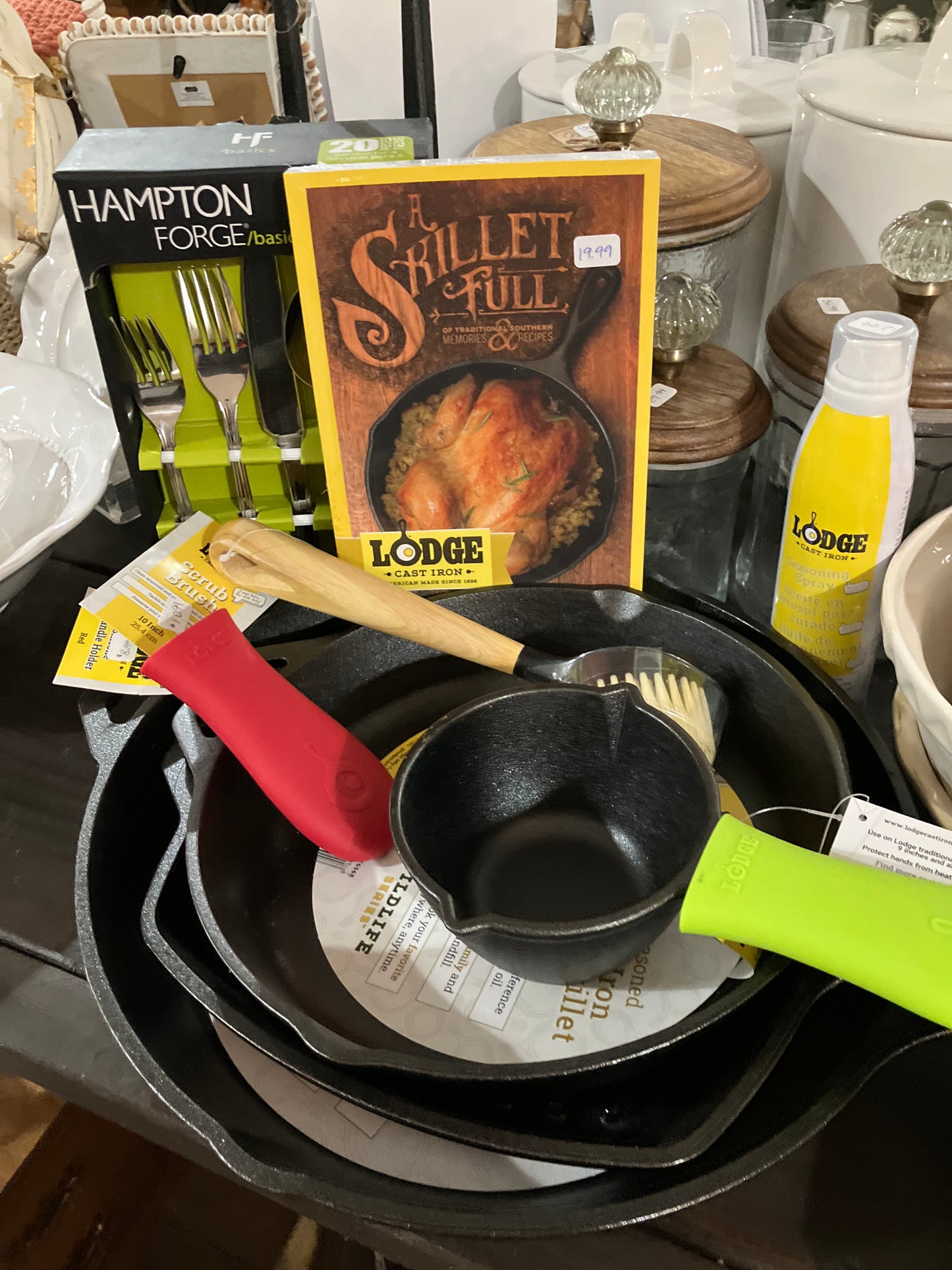 Cast iron cookware, candlesticks, canisters, butter dish, wooden server set- O'Dell/Duke