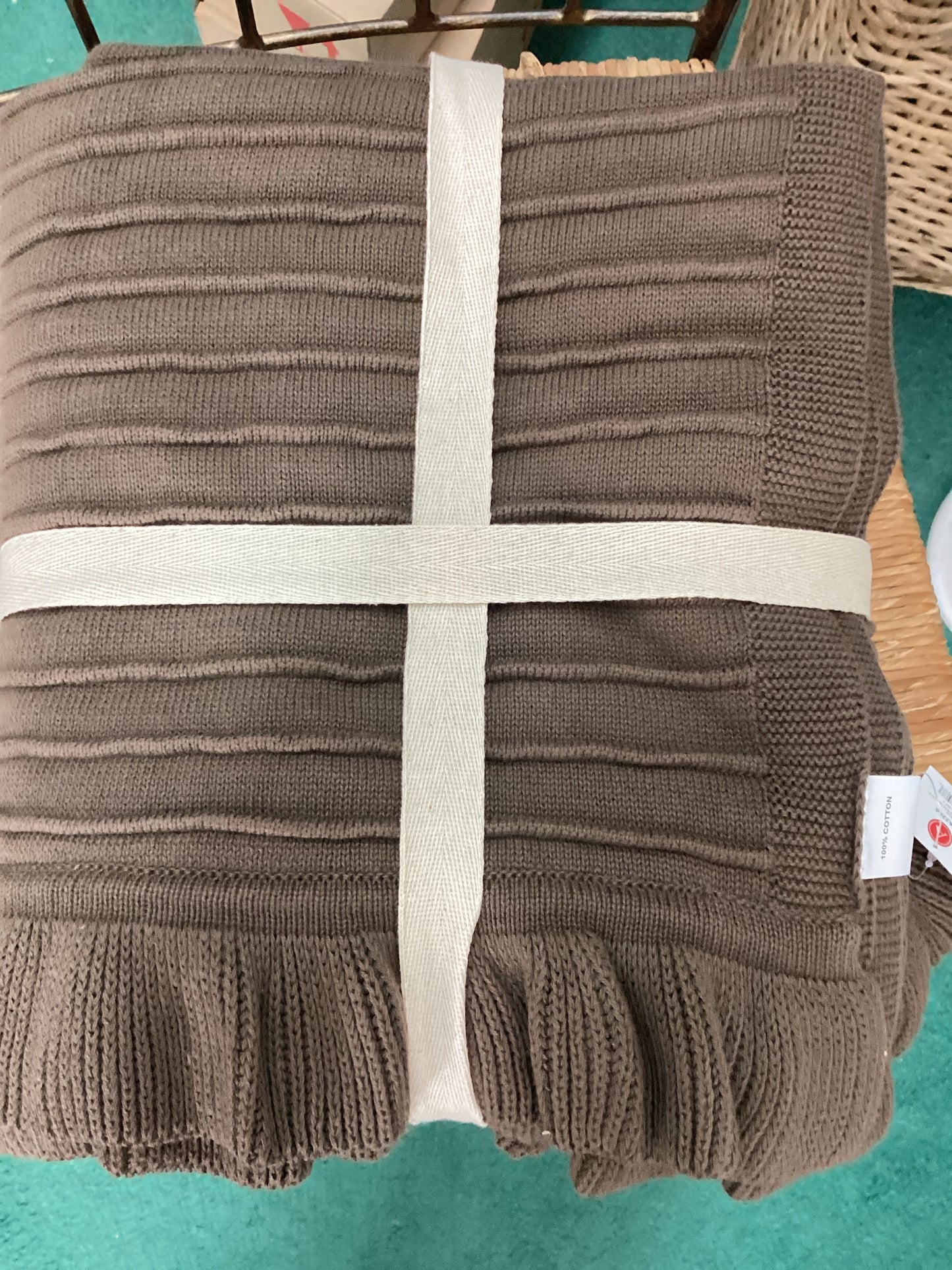 Mocha Ribbed Knit Throw With Frill