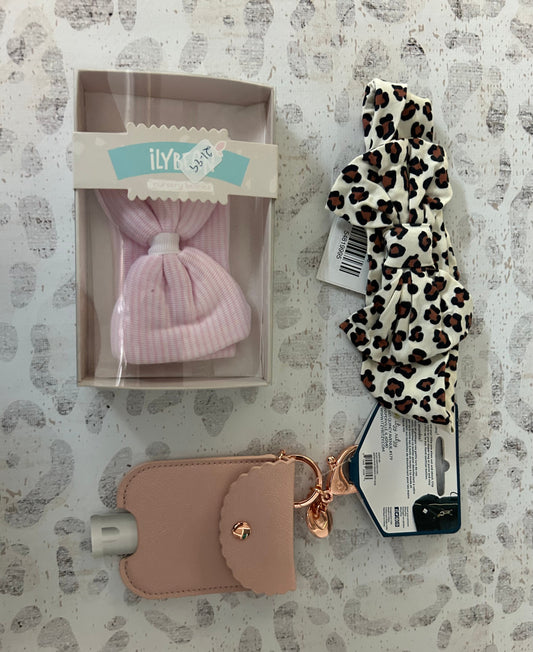 Leopard bow headband, pink baby beanie, hand sanitizer pouch- Payton Layne Gilliam
