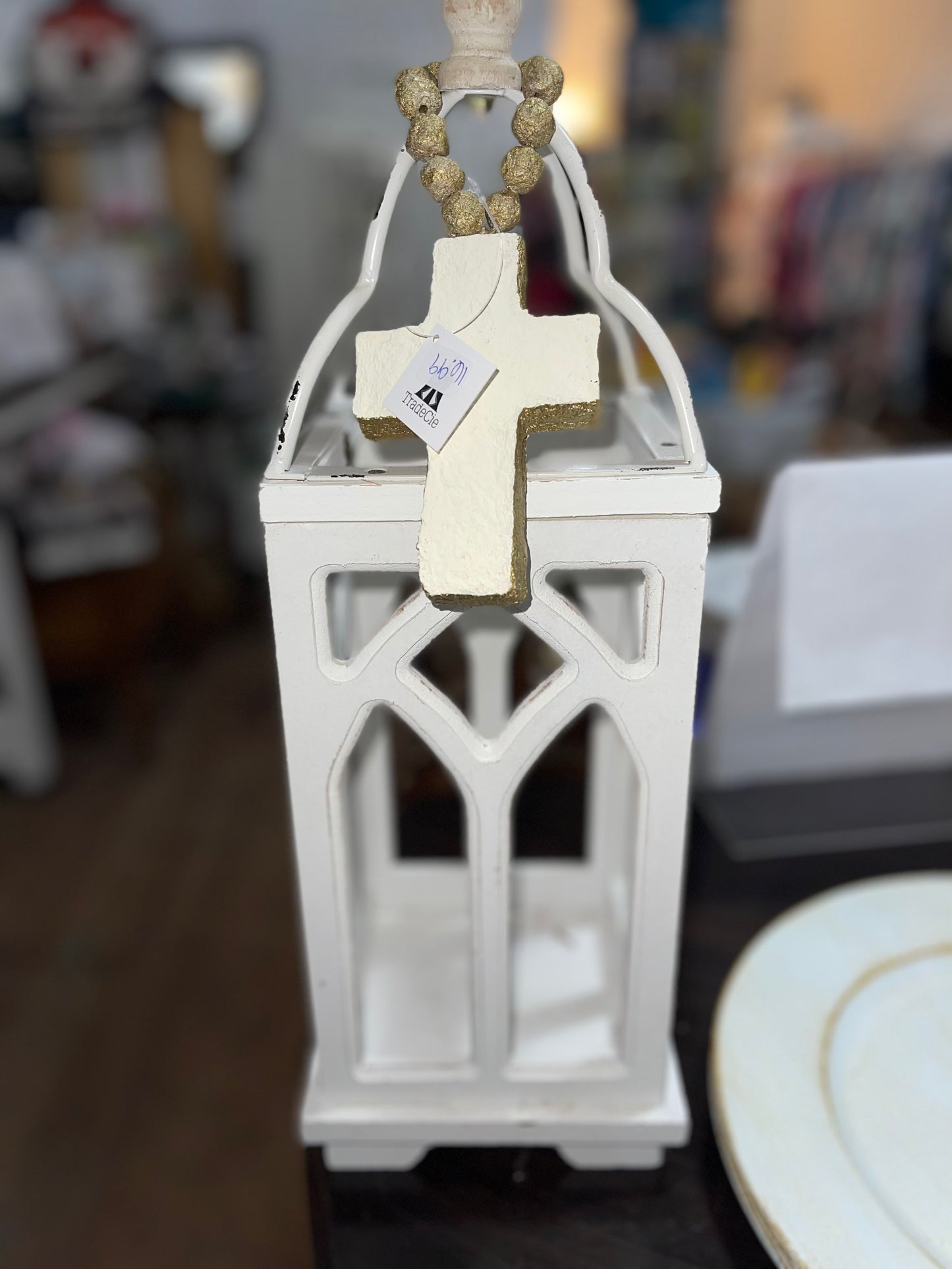 white lantern & decorative cross- Hayes/Kelley
