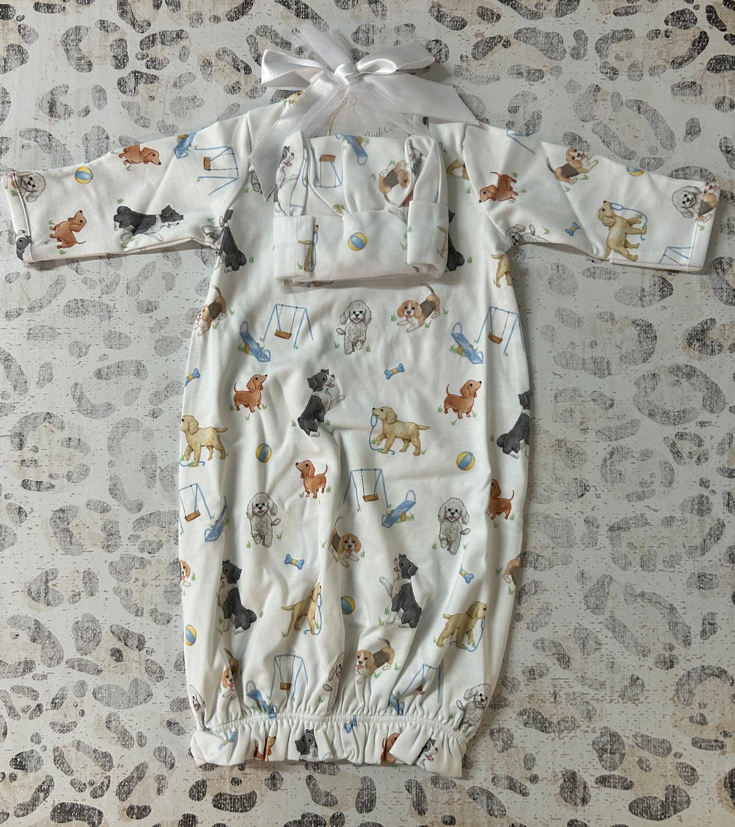Baby Club Chic Doggie Park Printed Gown & Hat Set