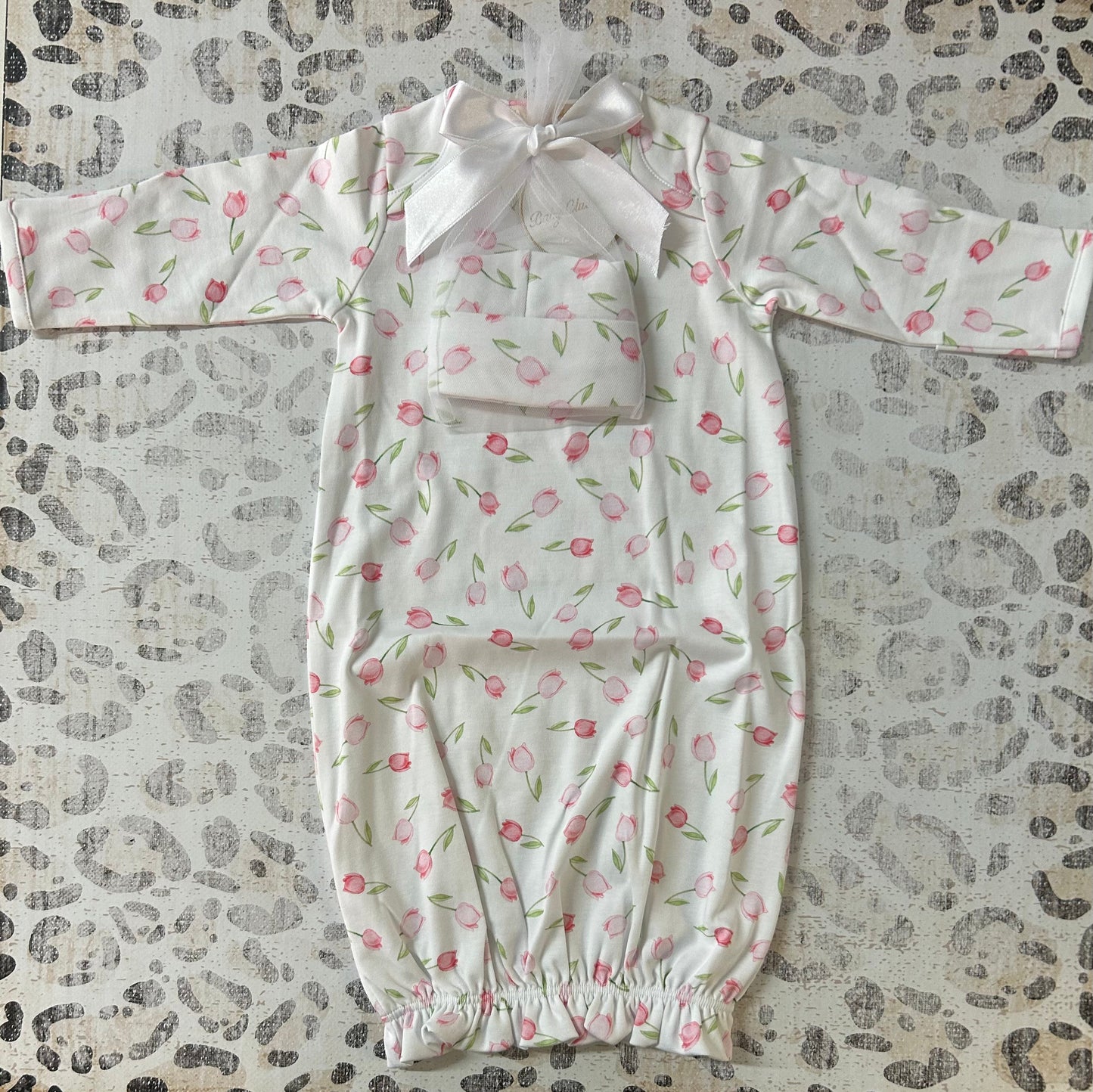 Baby Club Chic Baby Tulips Pink Printed Gown & Hat Set
