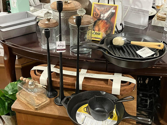 Cast iron cookware, candlesticks, canisters, butter dish, wooden server set- O'Dell/Duke