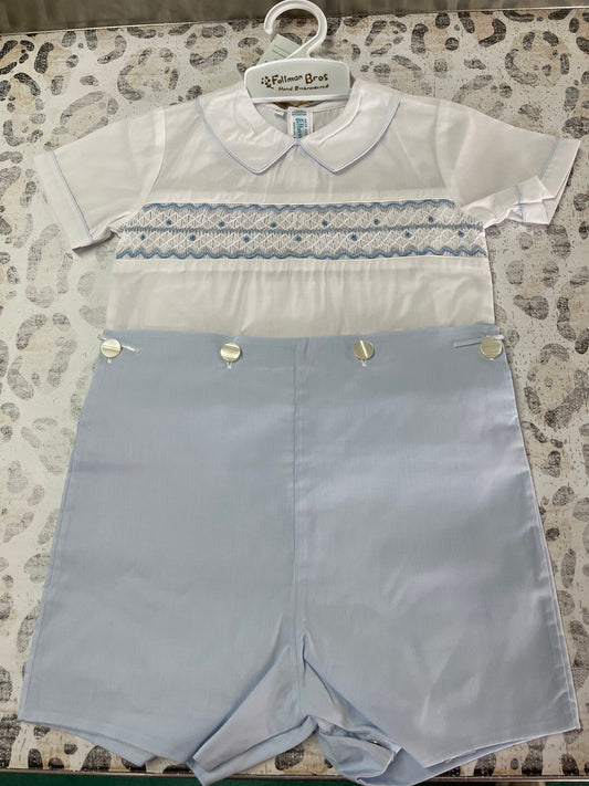 Feltman Brothers White/Blue Boys Wave Smocked Bobby Suit