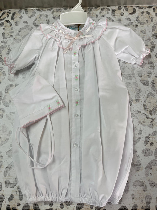 Feltman Brothers Pink/ Ribbon Ruffle Smocked Gown