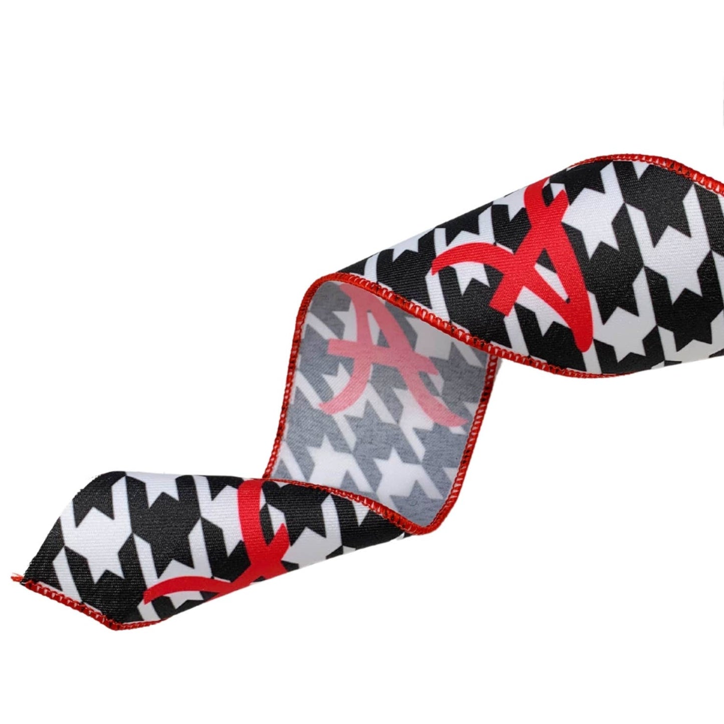 BLACK AND WHITE HOUNDSTOOTH A RIBBON WITH RED EDGE 2.5" X 10