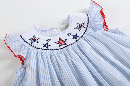 Blue Striped 4th of July Stars Smocked Bishop Dress
