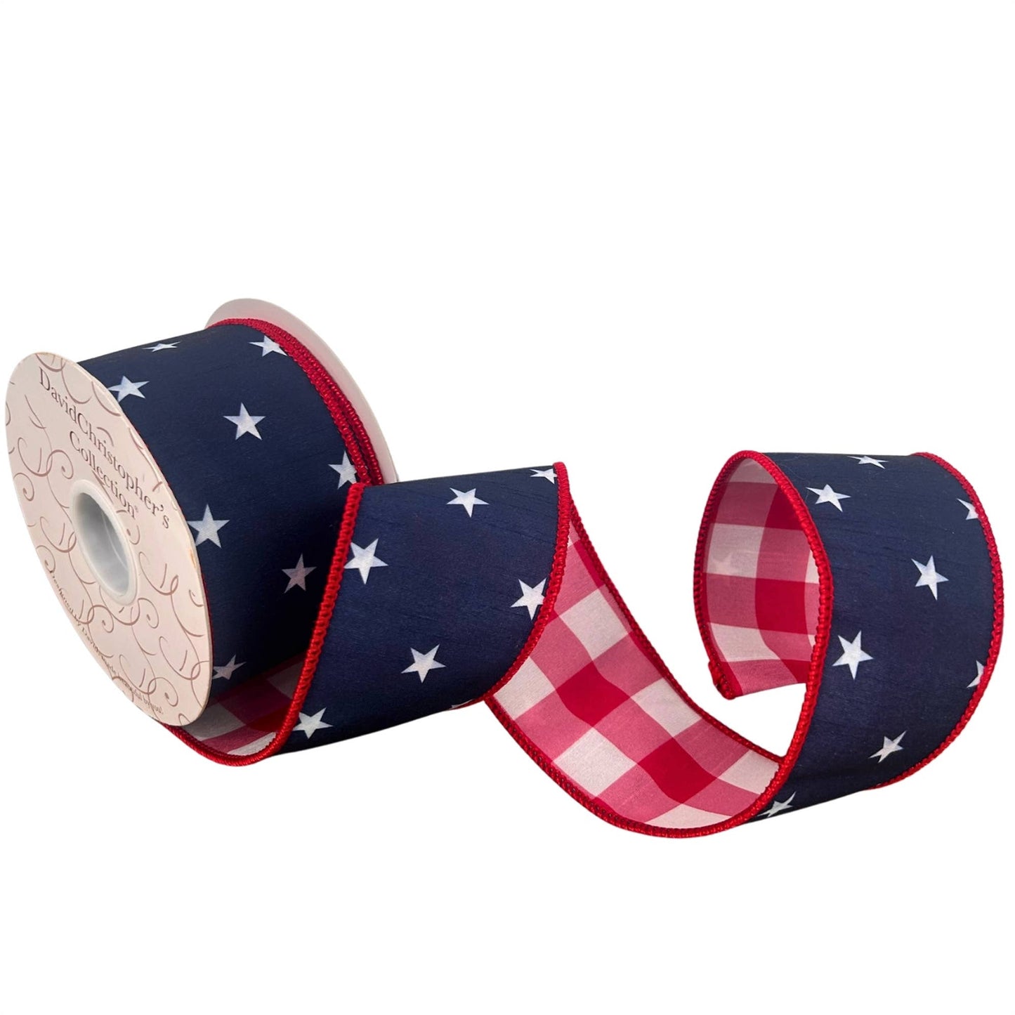 2.5” X 10Yd Print On Navy Blue Dupion With White/Red Checks