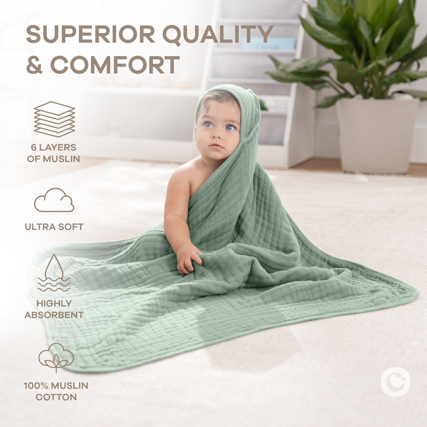 Hooded Baby Towel, 6 Layer 100% Muslin Cotton by Comfy Cubs
