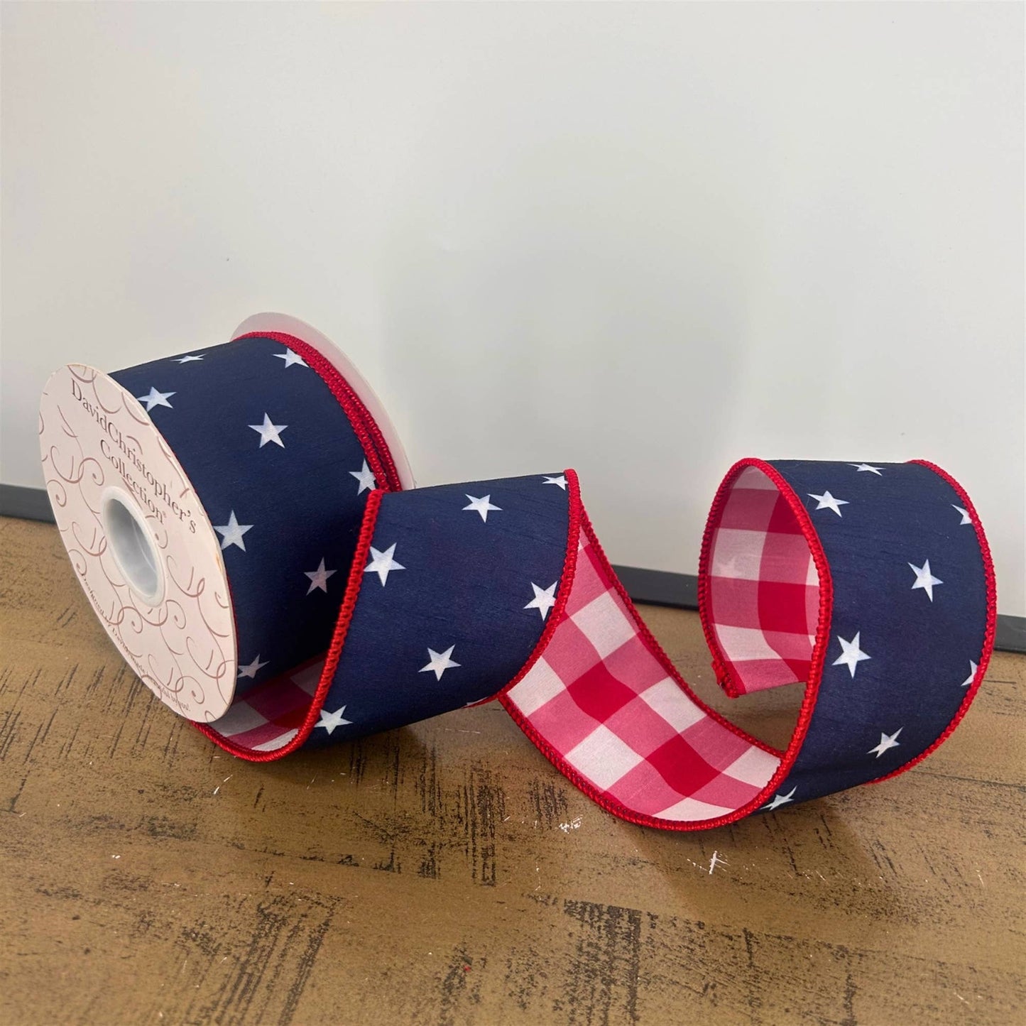 2.5” X 10Yd Print On Navy Blue Dupion With White/Red Checks