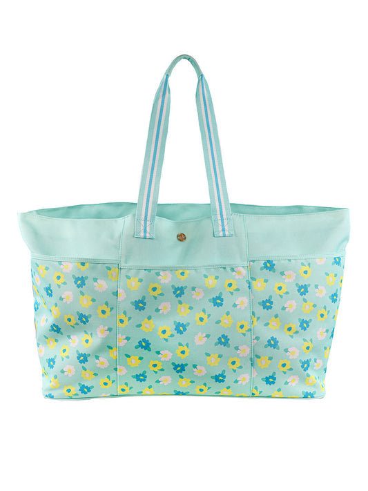 Large Aqua Flower Print Beach Bag