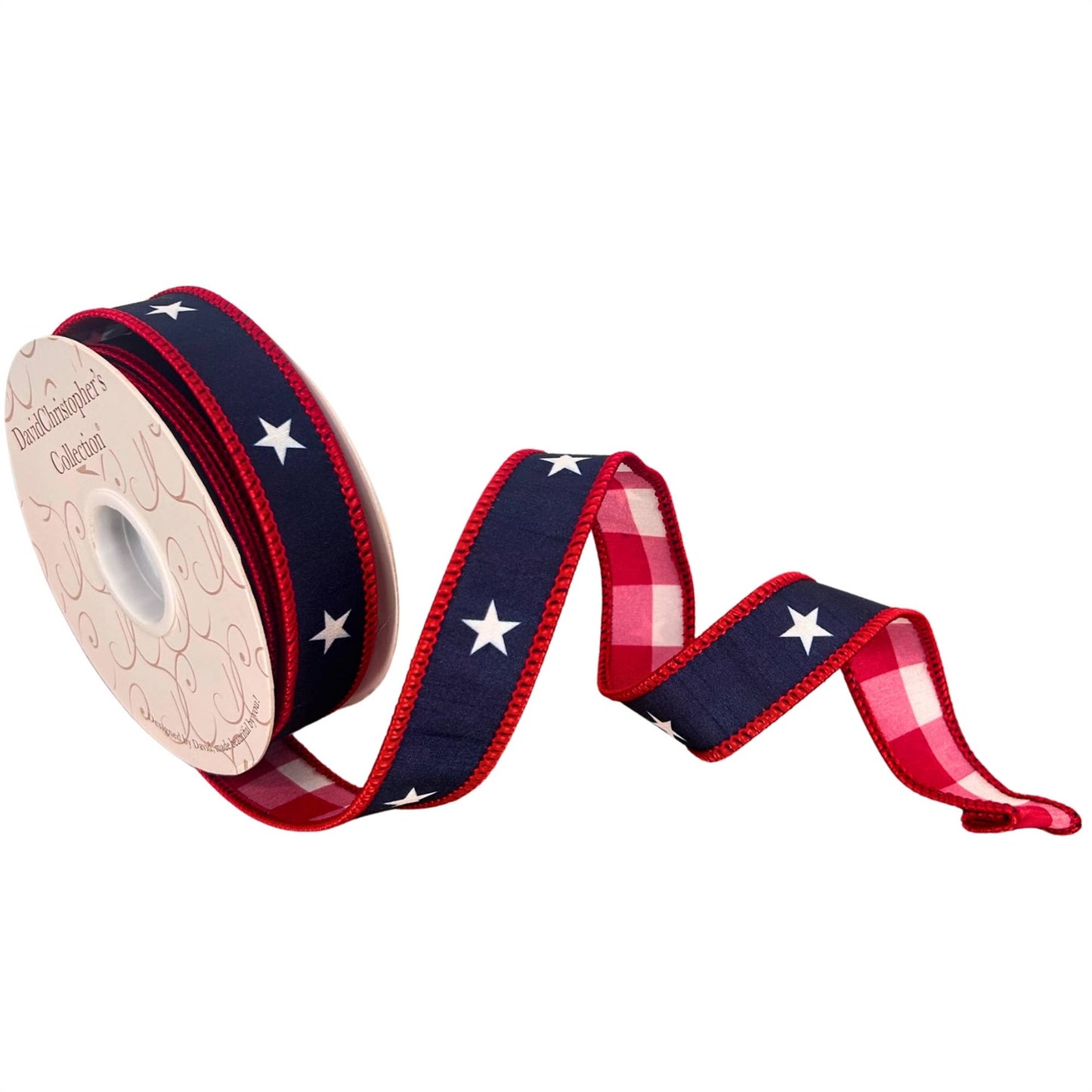 1” X 10Yd Print On Navy Blue Dupion With White/Red Checks