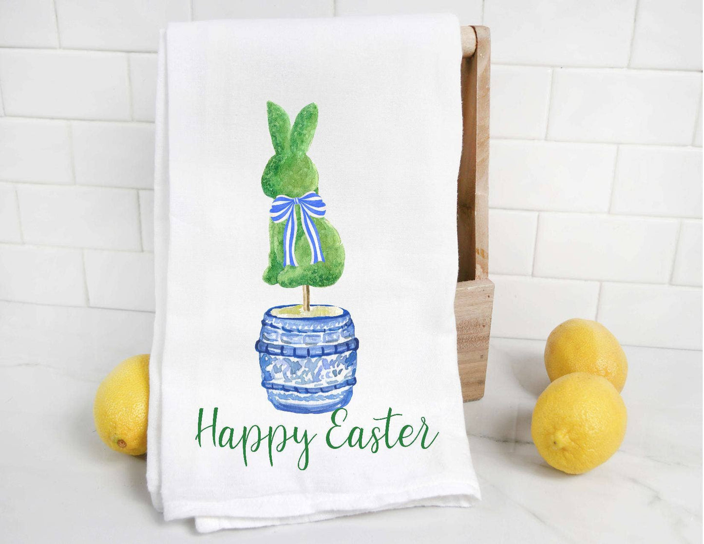 Personalized Chinoiserie Easter Bunny Topiary Tea Towel