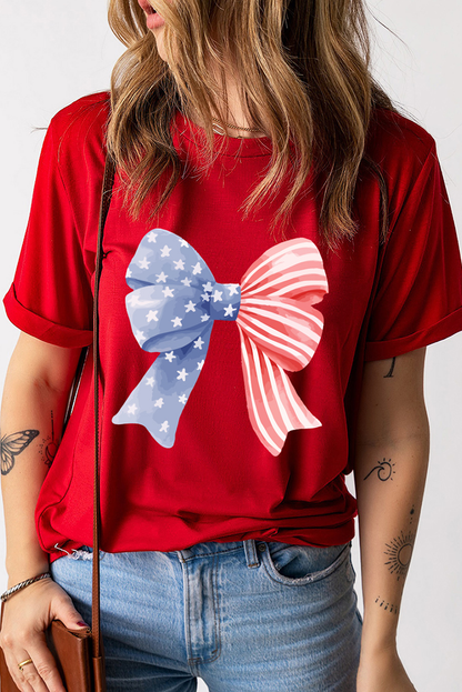 Stars and Stripes Bow Print Independence Day T Shirt