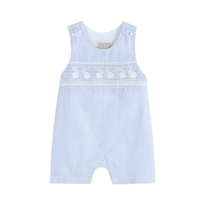 Lil Cactus Light Blue Seersucker Bunny Smocked Shortalls