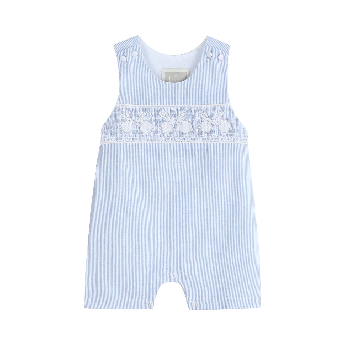 Lil Cactus Light Blue Seersucker Bunny Smocked Shortalls
