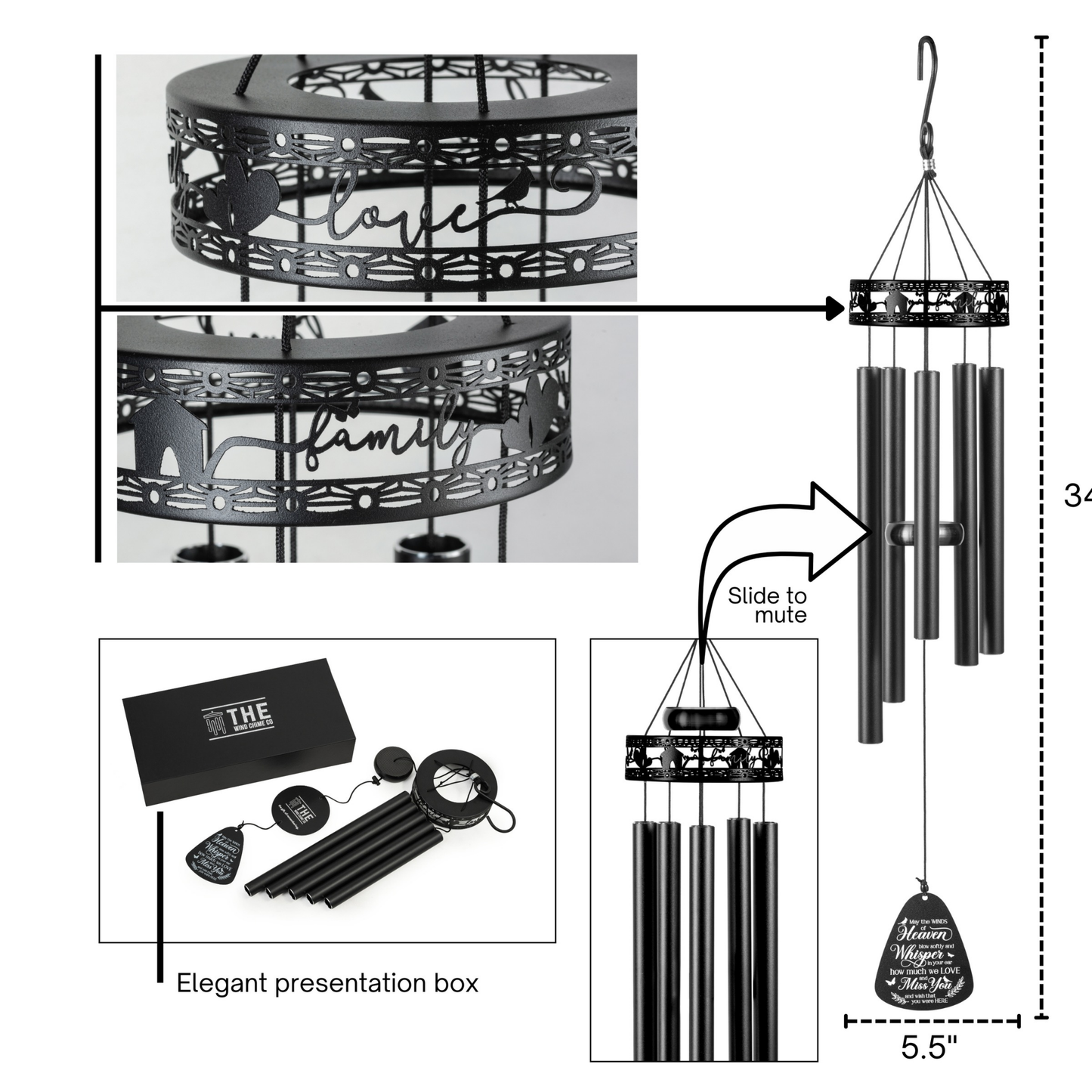 Memorial Serenity Family-Love Wind Chimes, Thoughtful Gift For Special Occasions or Reflections 34”