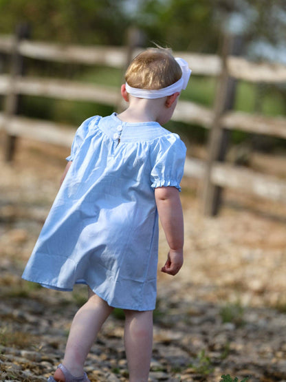 Girls Cross Smocking Embroidered Blue Dress