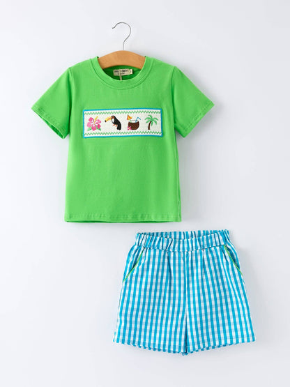 Summer Tropical Embroidered Boys Short Sleeve Top Shorts Set