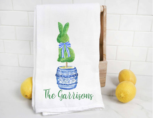 Personalized Chinoiserie Easter Bunny Topiary Tea Towel