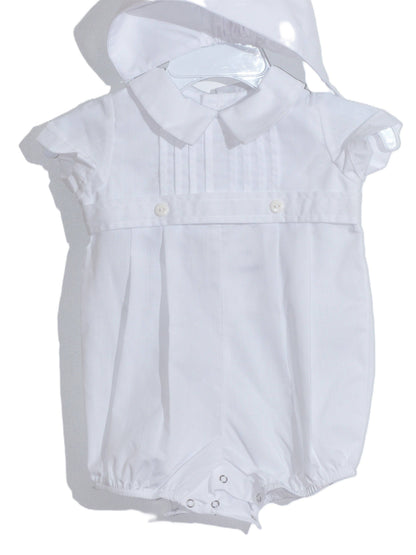 White Boy Pleated Bubble with Peter Pan Collar and Bonnet