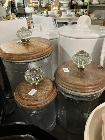 Cast iron cookware, candlesticks, canisters, butter dish, wooden server set- O'Dell/Duke