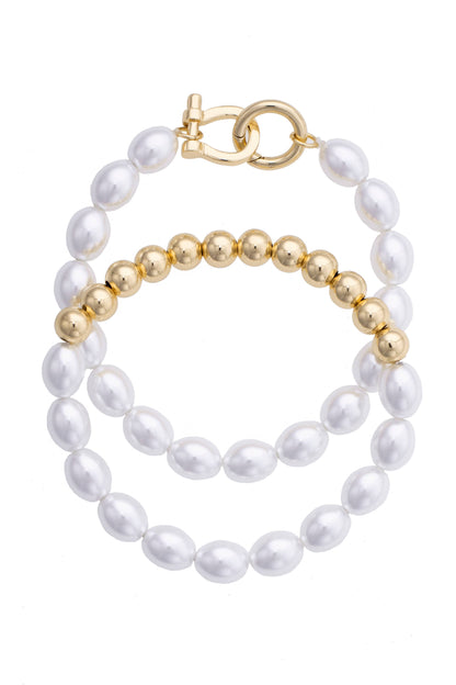 Celia Pearl & Ball Bead Stretch Bracelet Set of 2 in Ivory