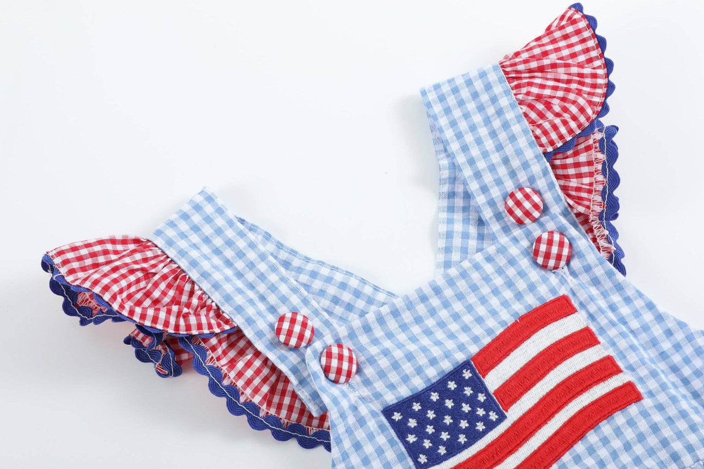 Light Blue and Red Gingham USA Flag Ruffle Romper