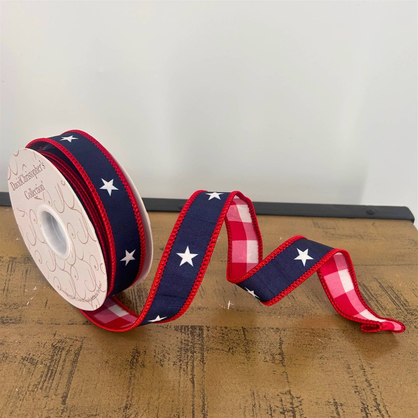 1” X 10Yd Print On Navy Blue Dupion With White/Red Checks