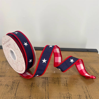1” X 10Yd Print On Navy Blue Dupion With White/Red Checks