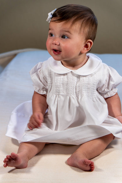 White Hand Embroidered & Pleated Dress with Bonnet