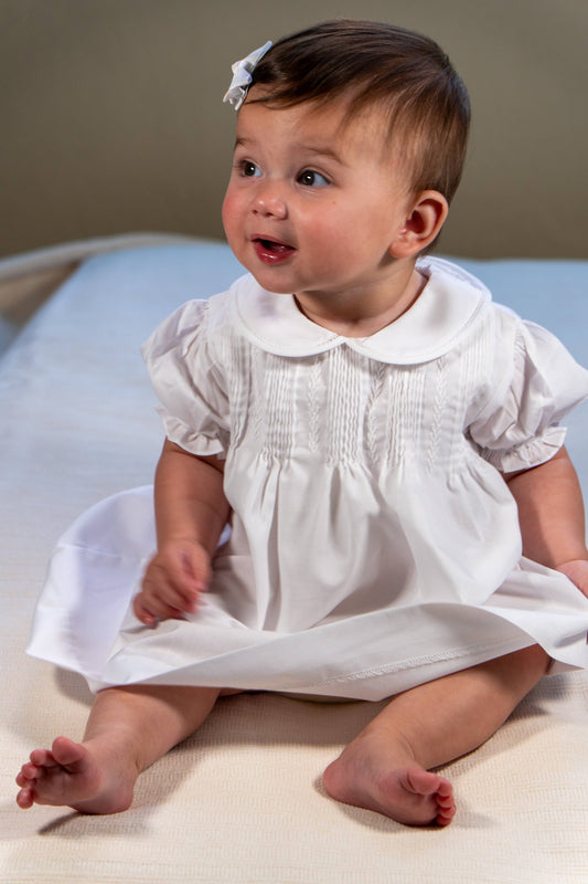 White Hand Embroidered & Pleated Dress with Bonnet