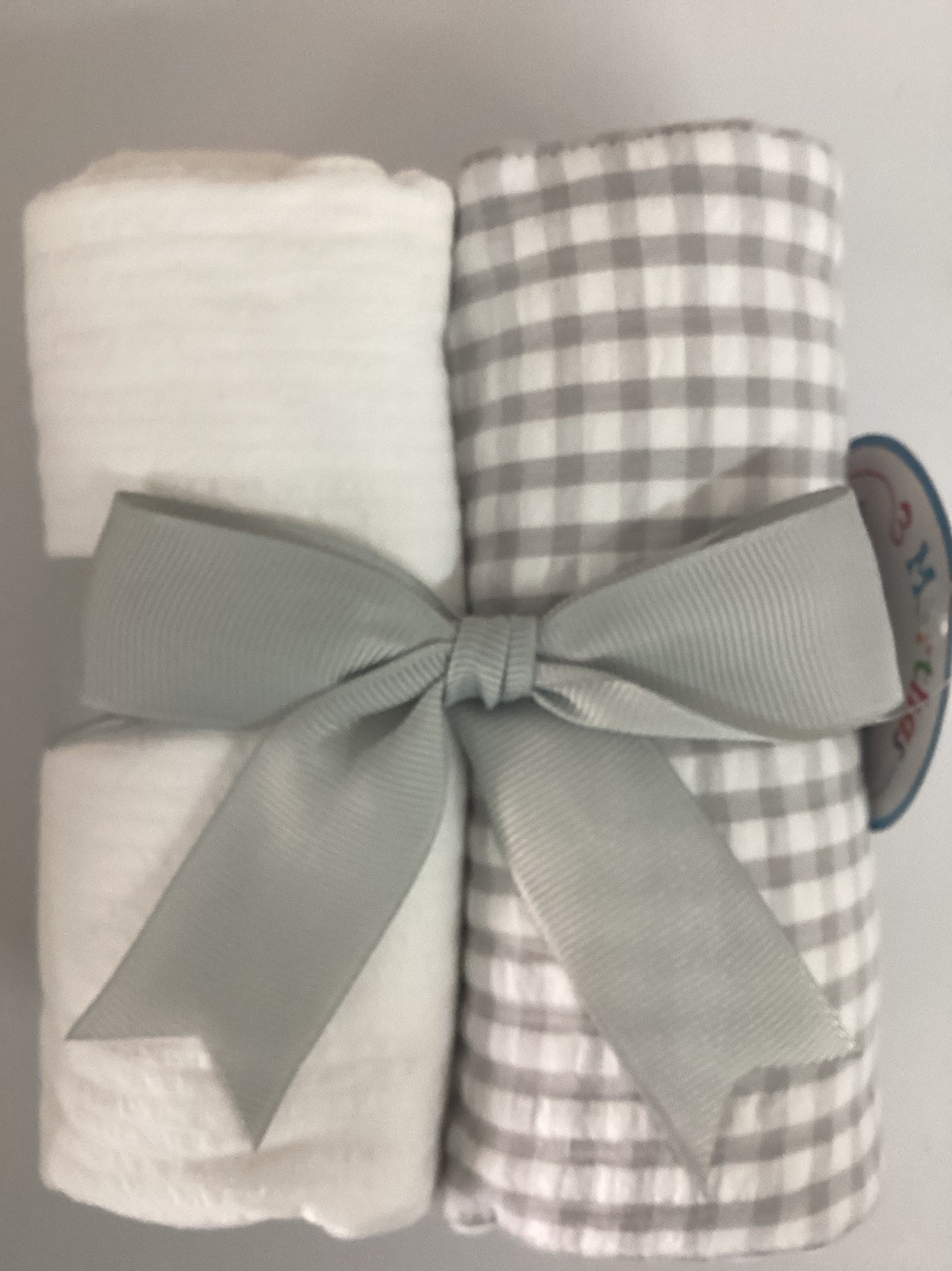 Set of two burps, gray& white seersucker