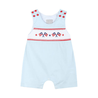 Light Blue USA Flag Smocked Shortalls