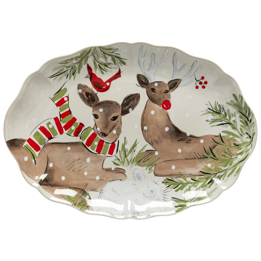 Costa-Nova Large Oval Platter Deer Friends White