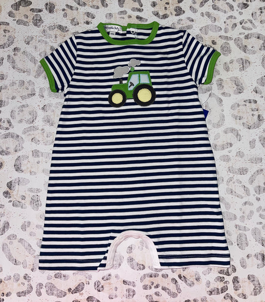 Magnolia Baby Navy & White Striped Tractor Appliqué Romper