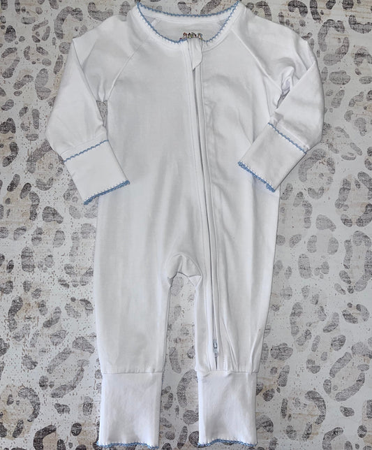 Zsa Zsa & Lolli White Sleeper with Blue Trim (zipper closure)