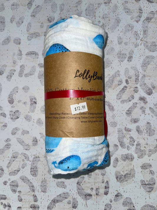 Lolly Banks Whale Cotton Muslin Swaddle Blanket
