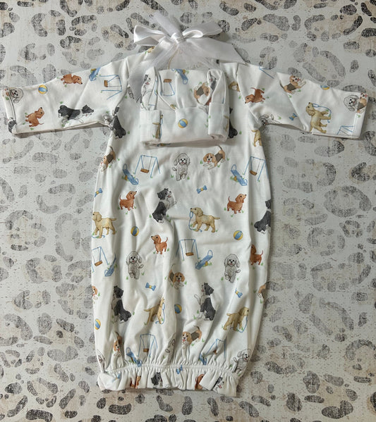 Baby Club Chic Doggie Park Printed Gown & Hat Set