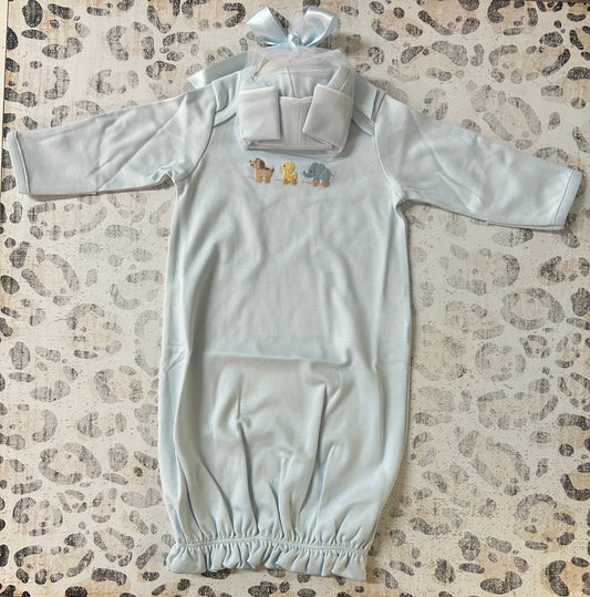 Baby Club Chic Sweet toys Converter Gown w/piping trim & hat -lt blue