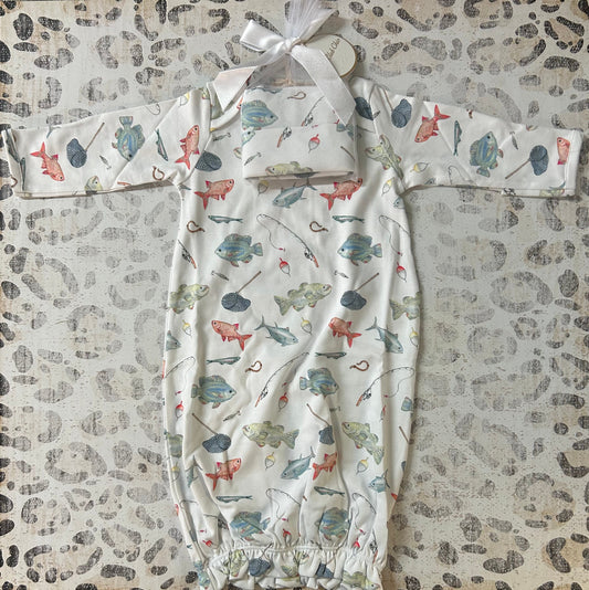 Baby Club Chic Fishing Day Printed Gown & Hat Set