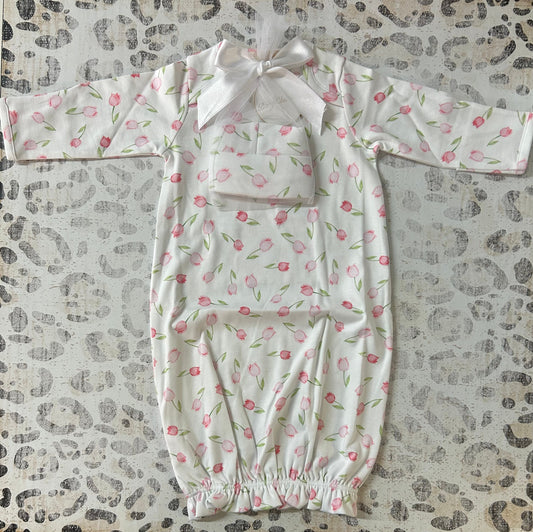 Baby Club Chic Baby Tulips Pink Printed Gown & Hat Set