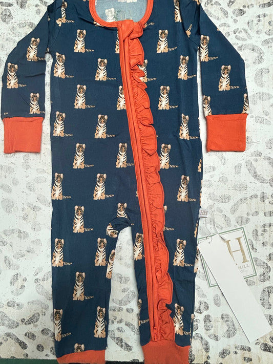 Hamner Hill Girls Ruffle Navy Tiger Zipper Romper