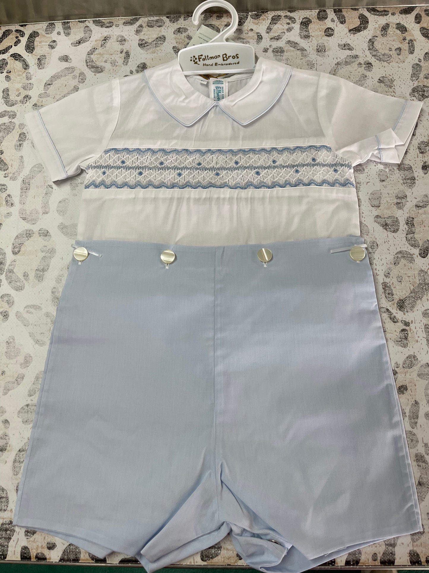 Feltman Brothers White/Blue Boys Wave Smocked Bobby Suit