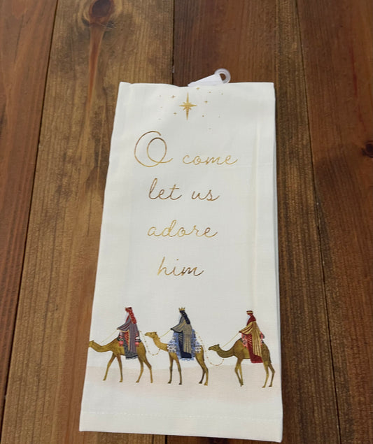 Split P O Come Let Us Adore Him Tea Towel