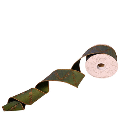 GREEN FAUX DUPIONI WITH SWIRL COPPER TREE RIBBON 2.5"X10YD