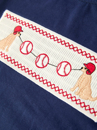 Toddler Boys Outfit – Baseball Dog Smocked Top and Plaid Shorts